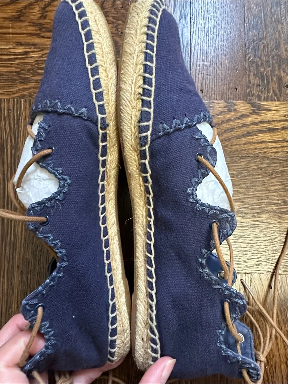 Tory Burch Navy Canvas Lace-Up Espadrille Flats with Tan Laces
